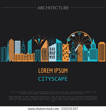 Cityscape graphic template. Modern city architecture. Vector illustration with different modern city buildings. City constructor. Template with place for text. Colour version