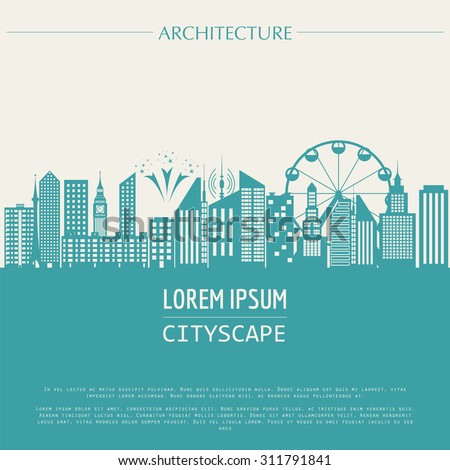 Cityscape graphic template. Modern city architecture. Vector illustration with different modern city buildings, skyscrapers, houses. City constructor. Template with place for text. Colour version
