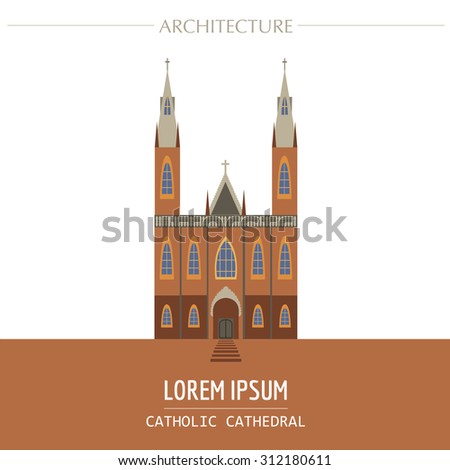Cityscape graphic template. Modern city architecture. Vector illustration of christian catholic cathedral. City constructor. Template with place for text. Colour version