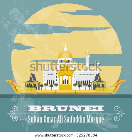 Nation of Brunei  landmarks. Retro styled image. Sultan Omar Ali Saifuddin Mosque. Vector illustration