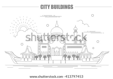 City buildings graphic template. Sultan Omar mosque. Brunei. Vector illustration