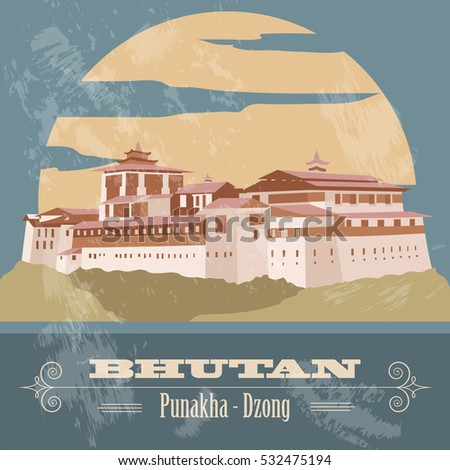 Bhutan infographics, statistical data, sights. Punakha - Dzong. Vector illustration