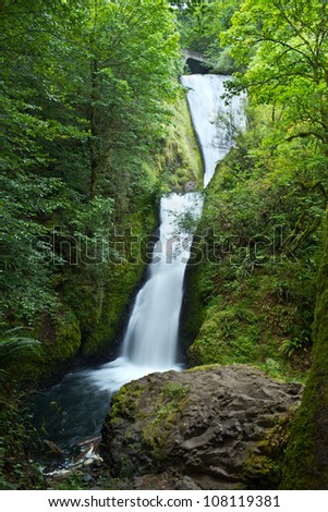 The tall and beautiful Bridal Veil Falls waterfall in The Columbia River Gorge in Oregon