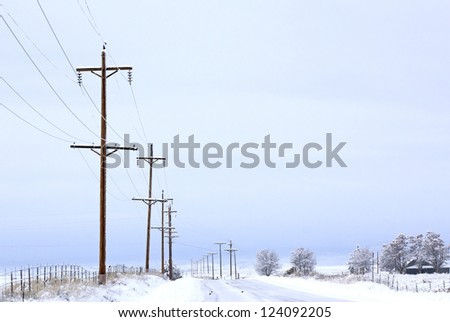 Looking down a snowy winter road with a line of telephone poles