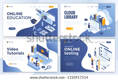 Set of Landing page design templates for Online Education, Cloud Library, Video Tutorials and Online testing. Easy to edit and customize. Modern Vector illustration concepts for websites