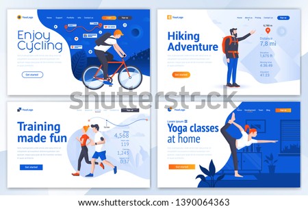 Set of Landing page design templates for Cycling, Hiking, Training and Yoga. Easy to edit and customize. Modern Vector illustration concepts for websites