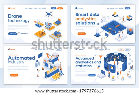 Set of Landing page design templates for Drone technology, Smart data analysis, Automated industry and Advanced analysis. Easy to edit and customize. Modern Vector illustration concepts for websites