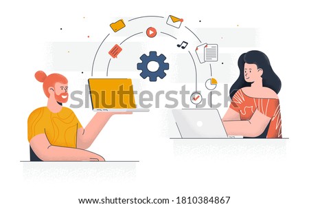 Modern flat design concept of Sharing files. Young man and woman working together on project. Office work and time management. Easy to edit and customize. Vector illustration