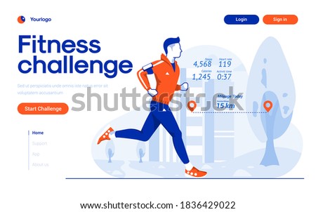 Landing page template of Fitness Challenge app. Young man running and measure fitness data. Modern flat design concept of web page design for website and mobile website. Easy to edit and customize