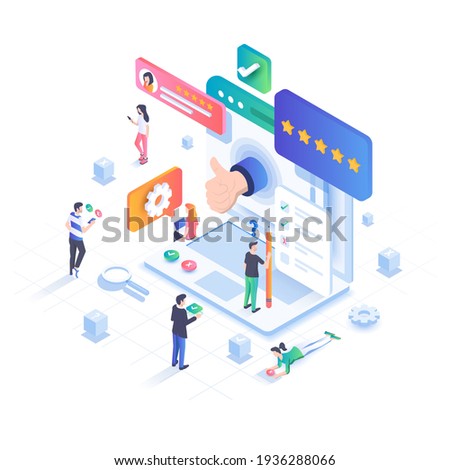 Online survey isometric concept. Group of people are filling out a paper survey form that is sticking out of the laptop screen. Trendy flat 3d isometric style. Vector