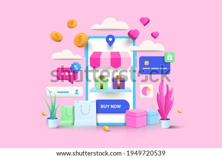 Online shopping 3D Illustration, online shop, online payment and delivery concept. sale banner, bag, discount, social advertising. 3D Vector Illustration.