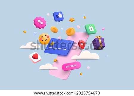 Online shopping 3D Illustration, online shop, online payment and delivery concept with floating elements. sale banner, gift box, discount, social advertising. 3D Vector Illustration.