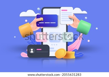 M-commerce 3D Illustration, online shopping, online payment and delivery concept with floating elements. sale banner, gift box, discount, social advertising. 3D Vector Illustration