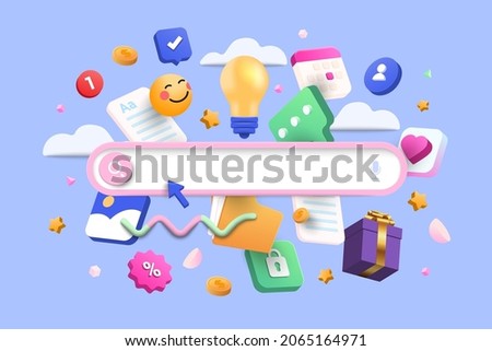 Minimal abstract background for online shopping nd e-commerce concept. Search bar surrounded with floating elements on blue background. 3d vector illustration