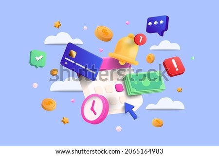 Flying calendar, checkbook, with coins, clock and credit card on blue isolated background symbolizing quick loan. Fast money concept. 3d vector illustration