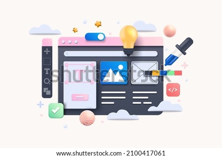 Web UI-UX design, web development concept. Web design, application design, coding, and web building on white background. 3d Vector Illustration