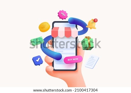 Online shopping 3D Illustration, online shop, online payment and delivery concept with floating elements. sale banner, gift box, discount, social advertising. 3D Vector Illustration.