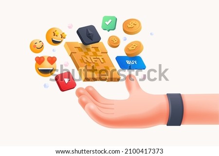 Crypto Coins, hand trading NFT non fungible token for crypto art on white background ethereum based in blockchain technology and disruptive monetization in collectibles market. 3d Vector illustration