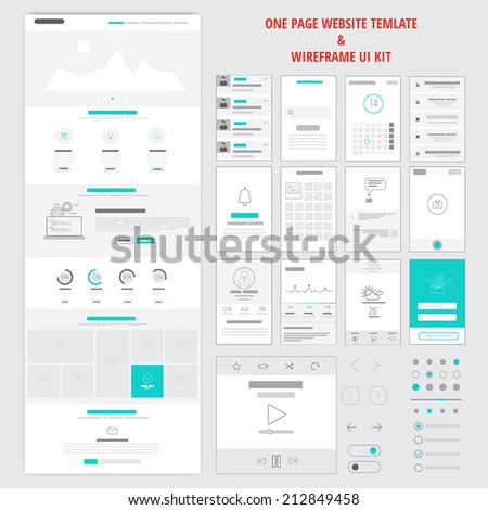 Fllat responsive one page website template and mobile app wireframe kit. Vector