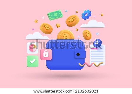 Blue bitcoin wallet with coins and cash isolated on pink background. Online shop, finance, banks, money-saving, cashless society concept. 3d vector illustration