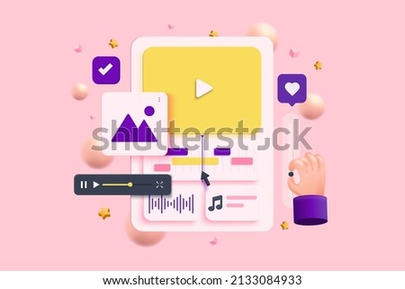 Music Video Edits, Cuts Footage and marketing on computer monitor, motion, vlog, movie. Cartoon Minimal style on pink background. 3D vector illustration Сток-фото © 