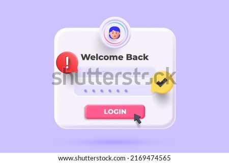 Login page 3D Illustration, Notifications page with floating elements. User name, password fields 3d rendering. Vector Illustration.