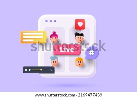 Online Meeting, Virtual Conference Video call, Briefing, Teamwork Concept with 3d shapes, chat box, cog, infographic on blue background. 3d Vector Illustration