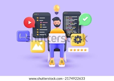 Cartoon beard handsome character casual man seat at desk working on laptop. A developer of project team of engineers for website coding. Software programming. Vector 3d Illustration