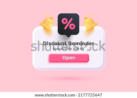 Notification or message about a gift coupon for the purchase or subscription of a product. Discount pop up box with a percent sign and a bell. 3d vector illustration