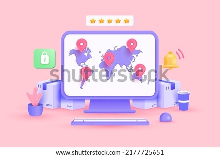 Pc with the world map and location pin on screen. Cardboard box with an app for online shopping and Worldwide delivery tracking. 3D Vector illustration