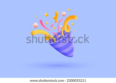 3d party poppers icon with flying confetti and stars. Firecracker 3d with ribbon explode for promo surprise. 3d promo icon vector render illustration