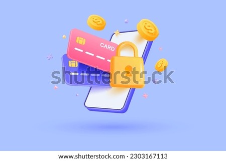 3D Mobile phone with credit cards and padlock. Online payment protection. Keeping money safe. Locked bank card. Cartoon creative design icon isolated on blue background. 3D Vector illustration