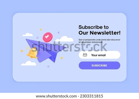 3D Subscribe to newsletter banner template with cartoon paper airplane. Email business marketing concept. Subscription to news and promotions. Registration form. Web button mockup. 3D Vector