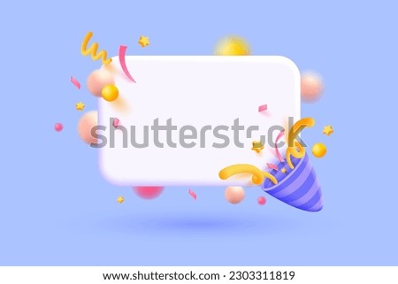 3d Party popper with confetti and bubble message banner. Exploding party confetti ball, 3d rendering illustration. Kusudama symbol of surprise, festive event, birthday, anniversary. 3D Vector