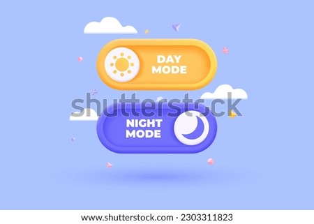 3D Day and night mode switch icon set. On Off or Light and Dark toggle buttons. Daymode and nightmode. Mobile app interface. Cartoon creative design icon isolated on white background. 3D Vector