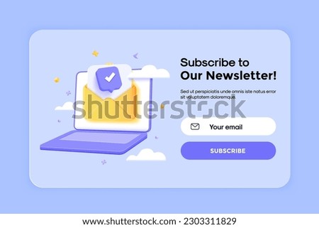 Subscribe to newsletter banner template with laptop and letter envelope. Email business marketing concept. Subscription to news and promotions. Registration form. Web button mockup. 3D Vector