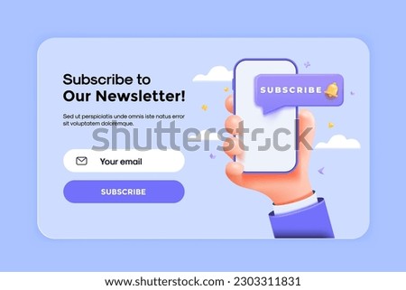3D Hand holding mobile phone with Subscribe speech bubble. Social media marketing concept. Subscription notification with bell. Cartoon character and smartphone isolated icon. 3D Vector Illustration