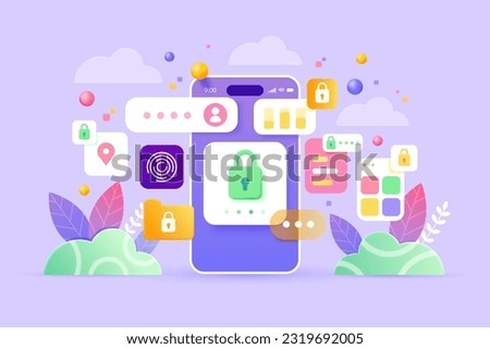 User data protection. Mobile application for data analysis and accounting. File management. Electronic document management. Vector illustration 3d style