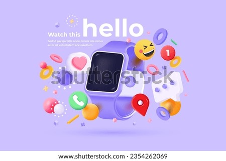 The smart watch is surrounded by Heart bubble, Red pin, Phone call icon, Emoji, Chat box and geometric elements on a purple background. 3d rendering. Vector illustration