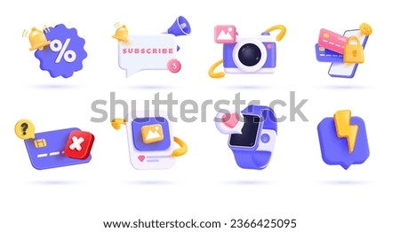 3d Business icon set. Trendy illustrations of Discount, Subscribe, Camera, Safe Payment, Card Denied, Social Media, Smart watch, Thunderbolt, etc. Render 3d vector objects