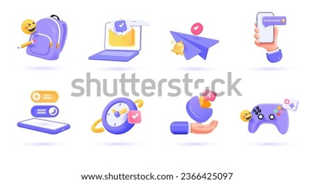 3d Business icon set. Trendy illustrations of Backpack, Email Reminder, Seo, Subscribe, App Development, Newsletter, Time management, Gaming, etc. Render 3d vector objects