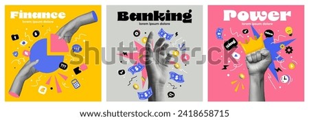 Graphs, pie chart, diagrams. Contemporary art collage made of shots hands working hardly isolated over  background, Concept of business, finance, career, co-workers, teambuilding. Vector Illustration