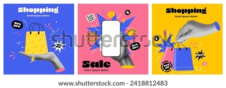 Online Shopping or delivery service banner concept in bright trendy colors with collage hands holding shopping bags and smartphone. Sale banner concept. Vector illustration