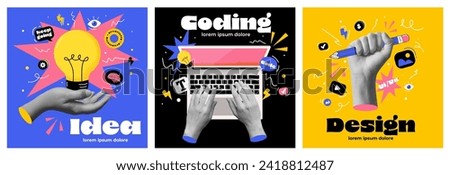 Collage design of website design, development, programming, seo. Hands holding a lightbulb and pencil, top view of man working using computer. Digital art concept. Vector Illustration