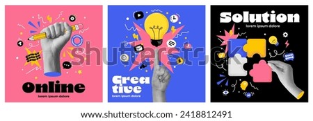 The abstract collage banner for an art school or Online education. The halftone hand and splash elements, modern design. Social media template. Vector illustration