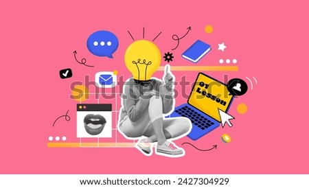 Composite collage of intelligent smart girl black white colors sitting use wireless netbook painted light bulb bright mind concept. Online Education creative collage concept. Vector illustration