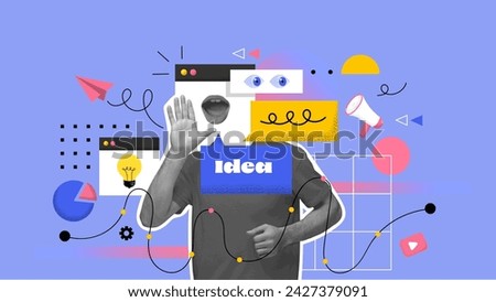 Young businessman, clerk with megaphone isolated on blue background. Contemporary art collage. Inspiration, idea, trendy. Concept of professional occupation, business, ad. Vector illustration