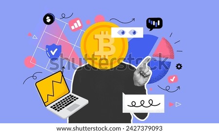 Collage of contemporary art. Conceptual portrait of a businessman with a laptop and using a trade application. The man with Bitcoin head. Vector illustration