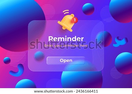 Glass morphism Reminder template. Rectangle shape of transparent glass with blur effect. Liquid shapes morphism abstract art. Vector illustration