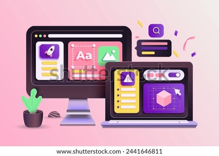 Modern 3d concept of graphic design process. Icons of graphic designer items and tools. 3d vector illustration